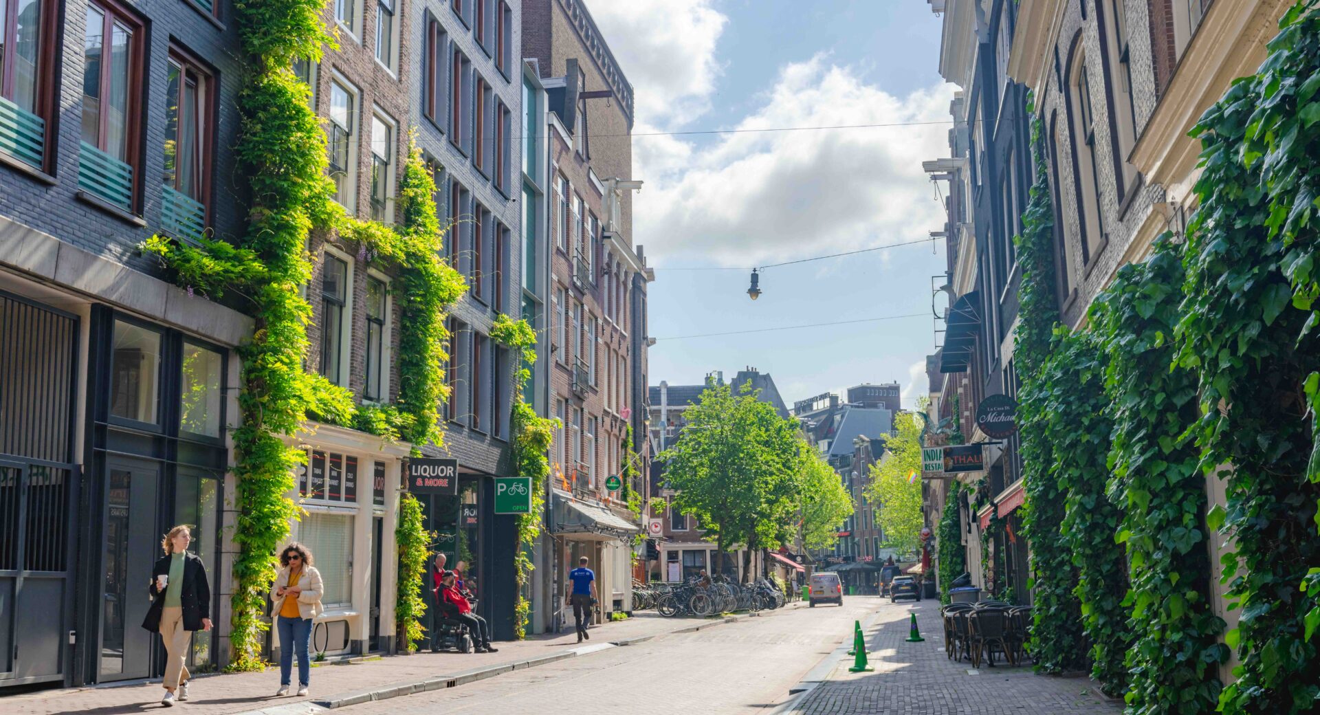 Een straat met weelderig groen, zoals klimplanten en bloeiende planten.